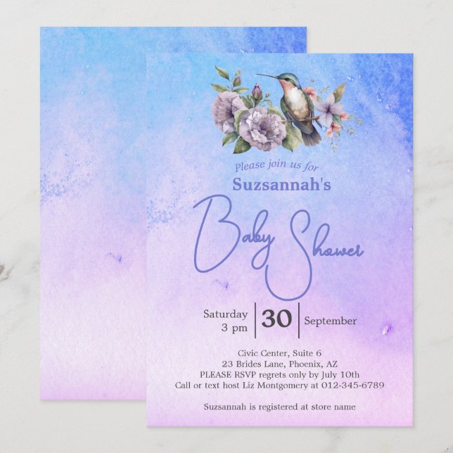 Hummingbird Pastel Watercolor Baby Shower  Einladung (Vorne/Hinten)