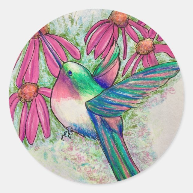 Hummingbird Pink Coneflowers Runder Aufkleber (Vorderseite)