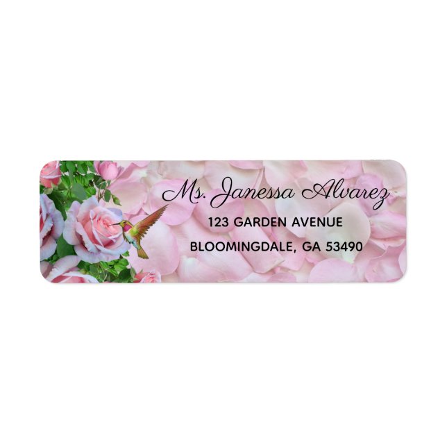 Hummingbird Pink Roses Rücksendeadressen-Aufkleber (Vorne)