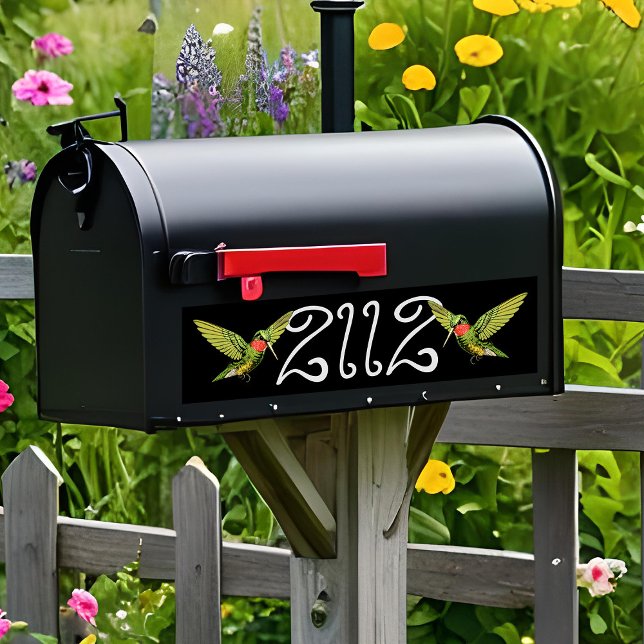 Hummingbird Postfachnummer Whimsical Vintag Black Autoaufkleber (Whimsical mailbox numbers with vintage hummingbirds on black)