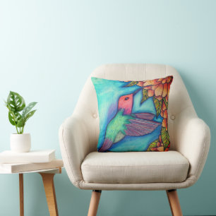 Hummingbird Print Thread Pillow Floral Square Kissen