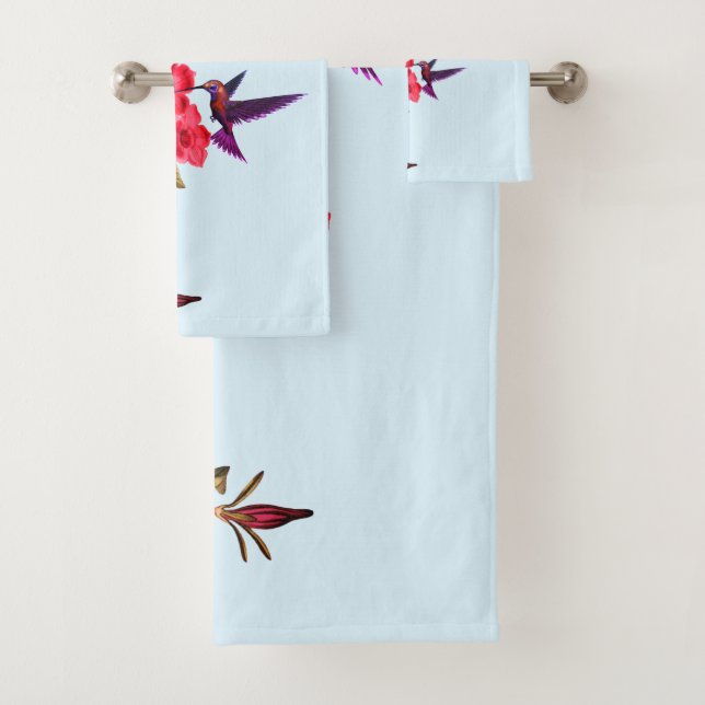 Hummingbird Red Blume Sky Blue Background Badhandtuch Set (Insitu)