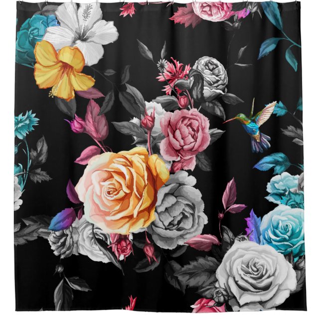 Hummingbird, Rose: Aquarellfarbener Hintergrund Duschvorhang (Vorderseite)