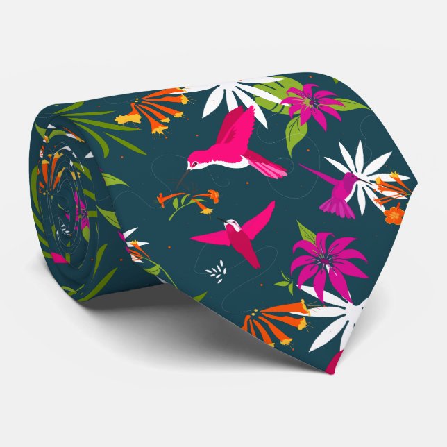 Hummingbird Tropical Blume and Palms Wedding Krawatte (Gerollt)