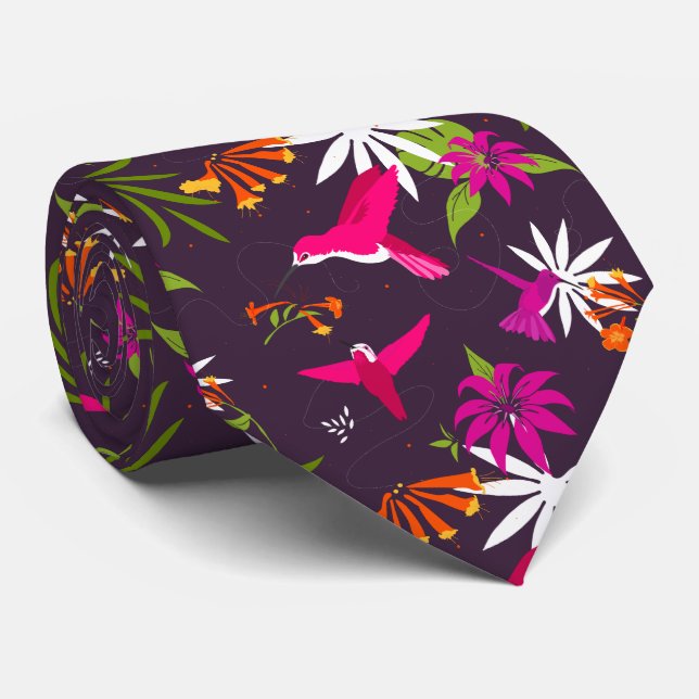 Hummingbird Tropical Blume and Palms Wedding Krawatte (Gerollt)