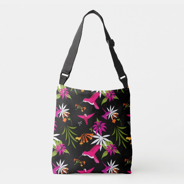 Hummingbird Tropical Blume Black Pink Gemustert Tragetaschen Mit Langen Trägern (Vorderseite)