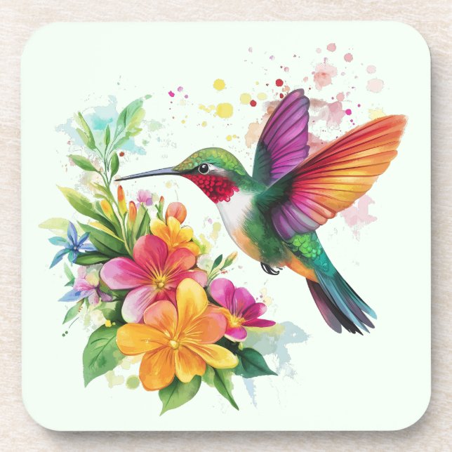 Hummingbird Tropische Blume Getränkeuntersetzer (Vorderseite)
