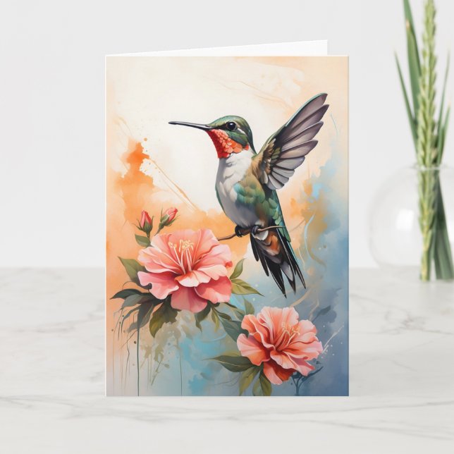 Hummingbird Umgeben von wunderschönen Blume Leere Karte (Vorderseite)