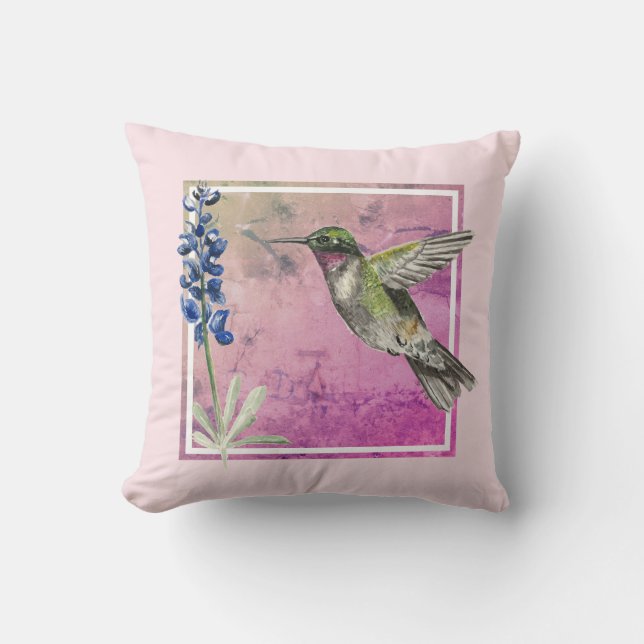 Hummingbird und Bluebonnet im rosa Hintergrund Kissen (Vorderseite)