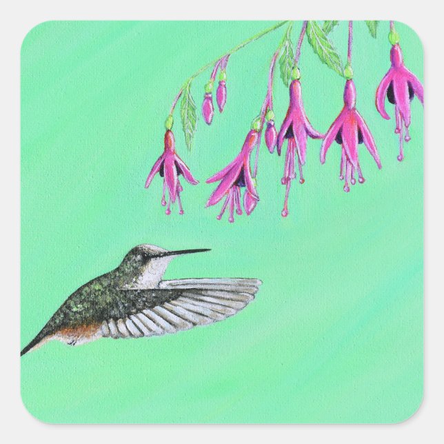 Hummingbird und Fuchsia-Malerei Quadratischer Aufkleber (Vorderseite)