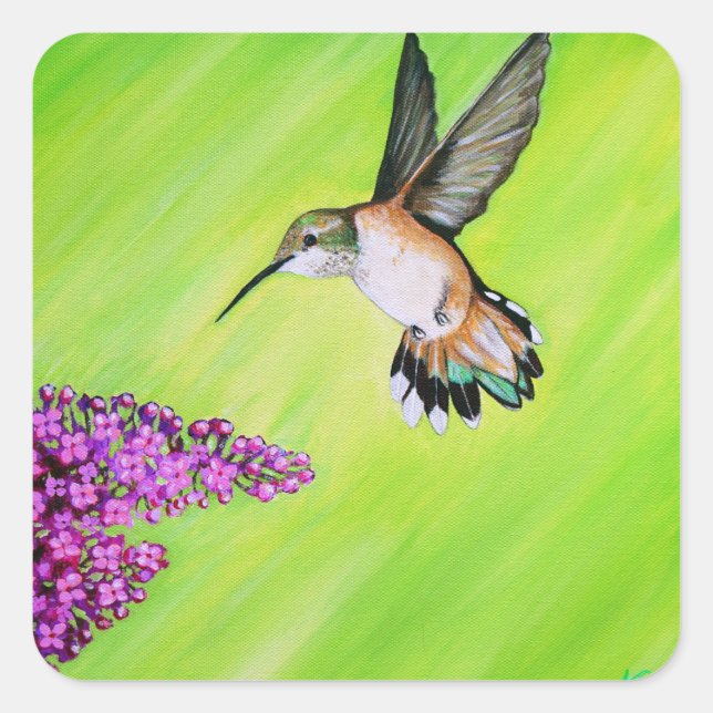 Hummingbird und Lilac Painting Quadratischer Aufkleber (Vorderseite)