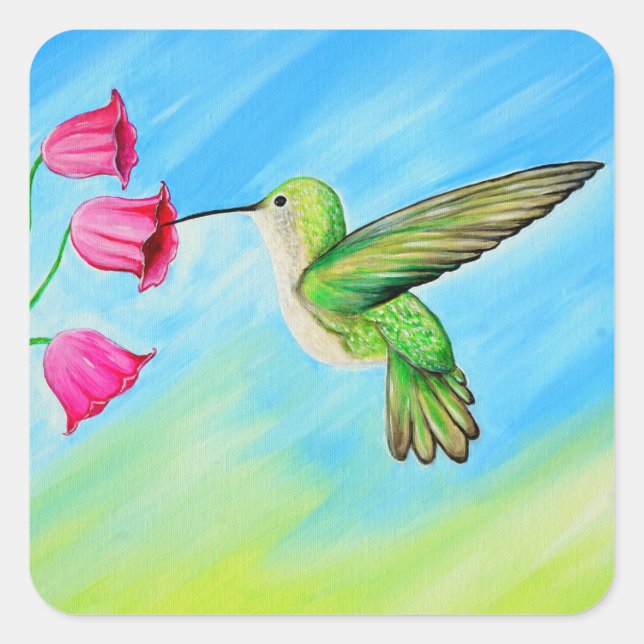 Hummingbird und Pink Bell Blume Malerei Quadratischer Aufkleber (Vorderseite)