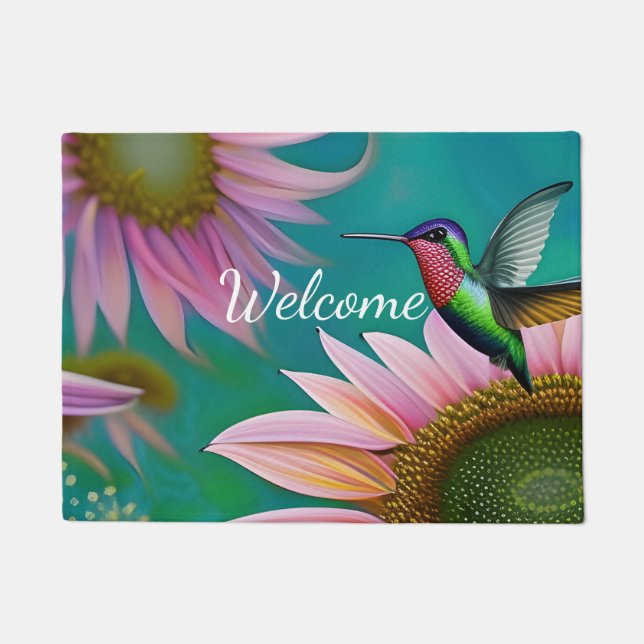 Hummingbird und Pink Sunflower WELCOME Fußmatte (Vorderseite)