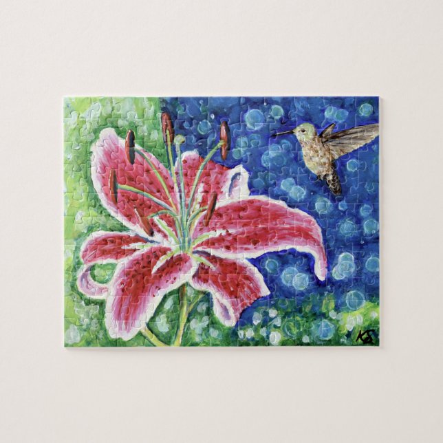 Hummingbird und Stargazer Lily Painting (Horizontal)