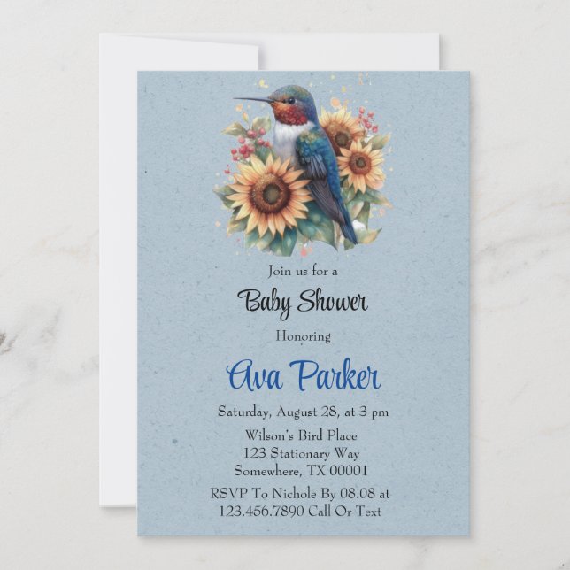 Hummingbird und Sunflower Blue Baby Dusche Einladung (Vorderseite)