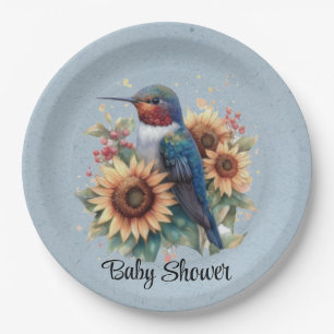 Hummingbird und Sunflower Blue Baby Dusche Pappteller