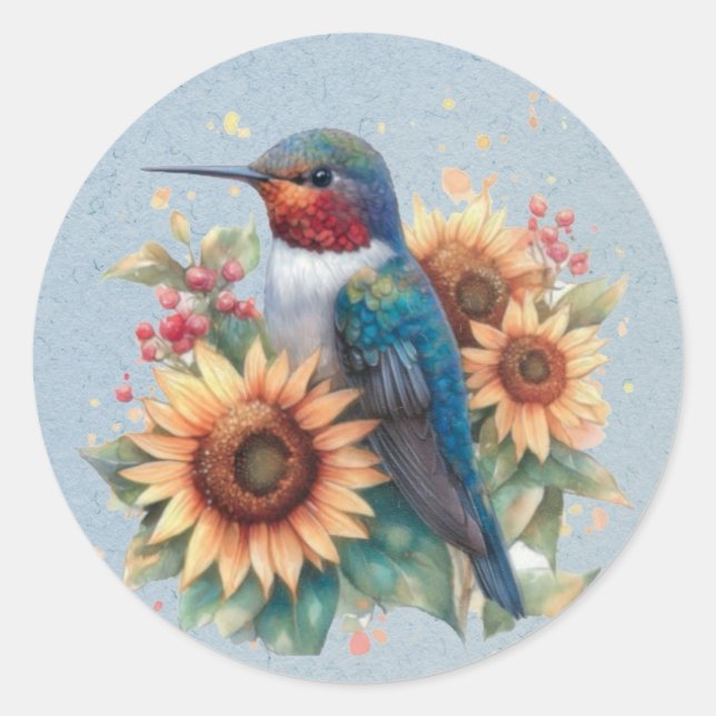 Hummingbird und Sunflower Blue Baby Dusche Runder Aufkleber (Vorderseite)