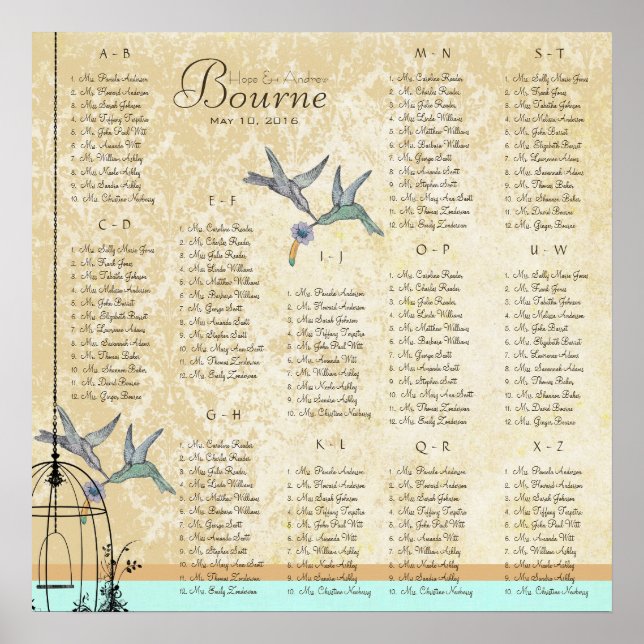 Hummingbird Vintag Love Birds Sitzkarten Poster (Vorne)
