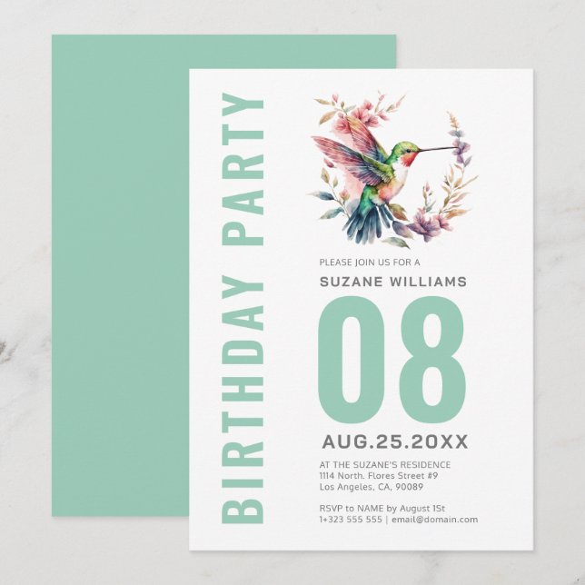 Hummingbirds Floral Wreath Bithday Party Einladung (Vorne/Hinten)