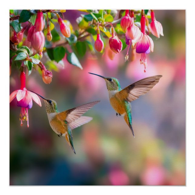 Hummingbirds Fuchsia Flowers Iridescent Dance Poster (Vorderseite)