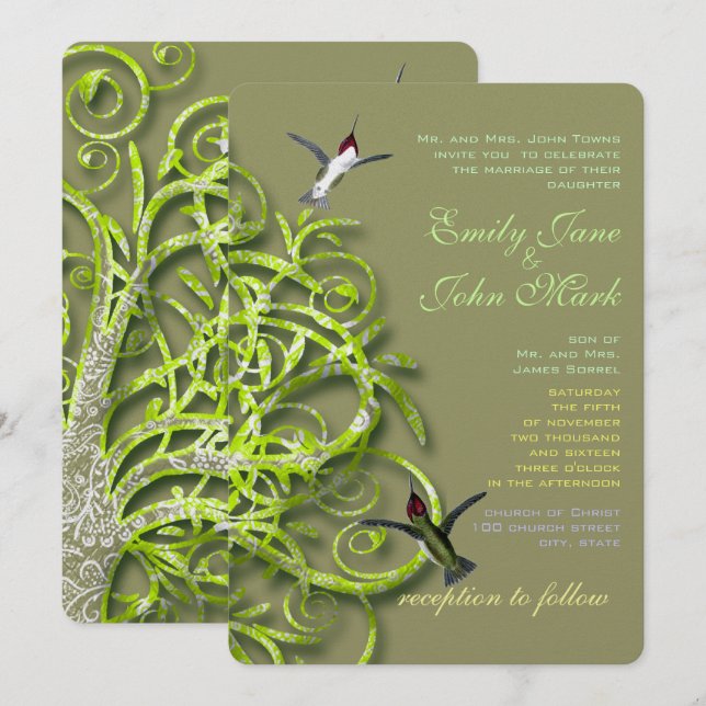 Hummingbirds Golden Limon Tree Wedding Einladung (Vorne/Hinten)
