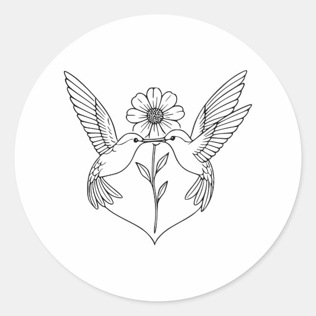 Hummingbirds in Heart Shape with Flower Line Art Runder Aufkleber (Vorderseite)