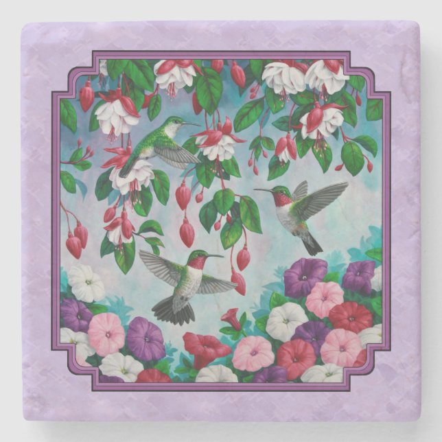 Hummingbirds Pink Fuchsia Blume Lavendel Steinuntersetzer (Vorderseite)