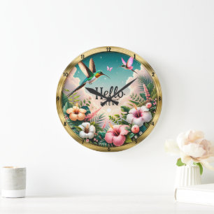 Hummingbirds Tropen Blume Hallo Große Wanduhr