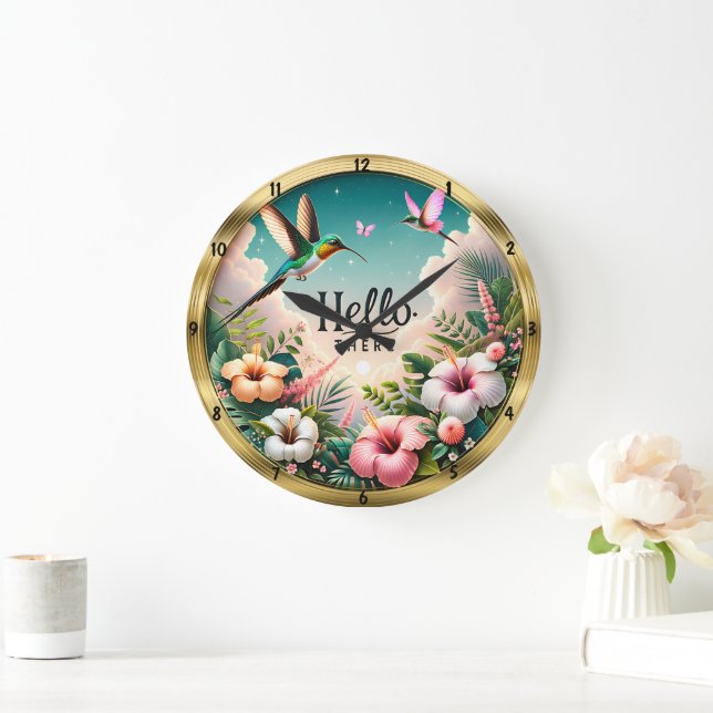 Hummingbirds Tropen Blume Hallo Große Wanduhr (Zuhause)