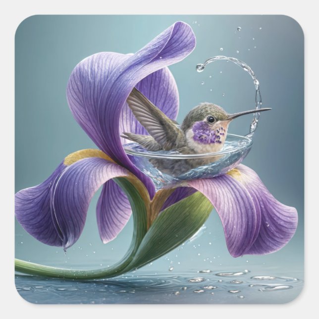 Hummingvogel baden in einem Iris-Blossom Quadratischer Aufkleber (Vorderseite)