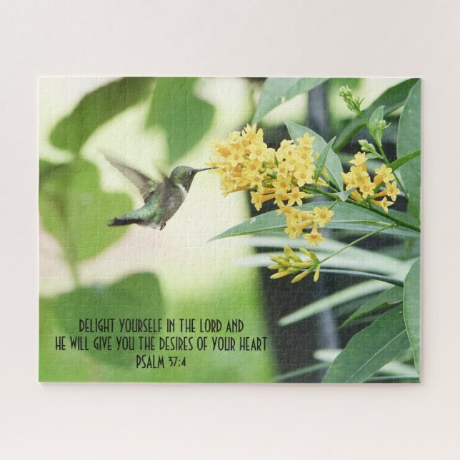 Hummingvogel bei Blume mit Vers von Psalm 37:4 (Horizontal)