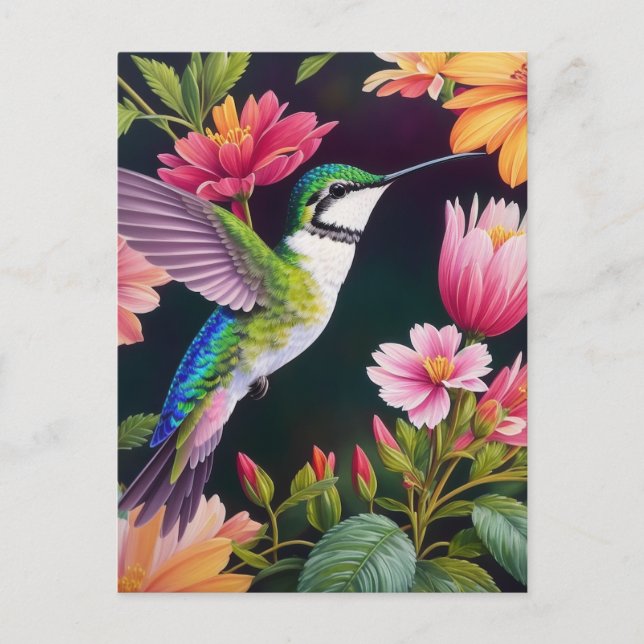 Hummingvogel farbenfrohe Blumenbilder Postkarte (Vorderseite)