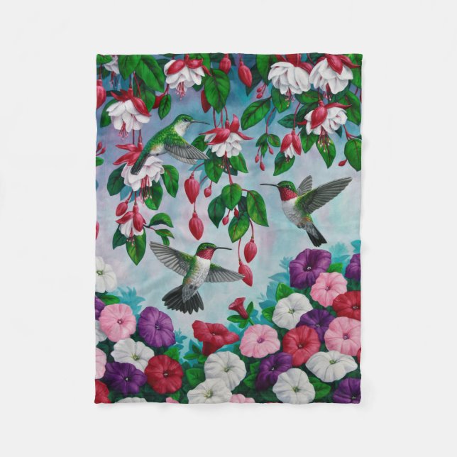 Hummingvögel im Blumengarten von Fuchsia Fleecedecke (Vorderseite)