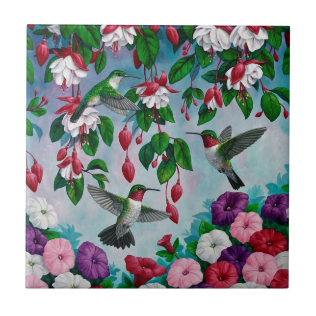 Hummingvögel im Blumengarten von Fuchsia Fliese (Vorderseite)