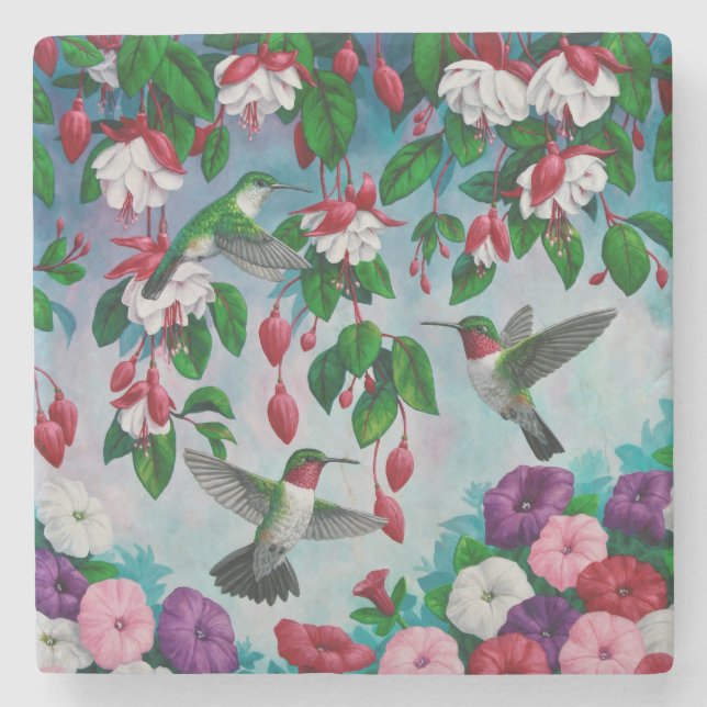 Hummingvögel im Blumengarten von Fuchsia Steinuntersetzer (Vorderseite)