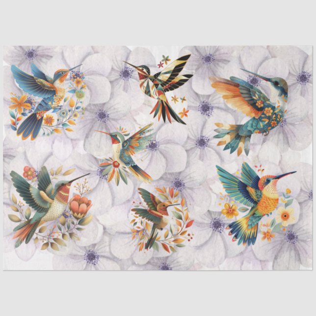 Hummingvögel im Flug mit floralem Hintergrund Seidenpapier (Vorderseite)