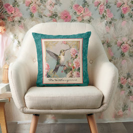 Hummingvogel mit Blume auf der Aquamarinen Damasku Kissen