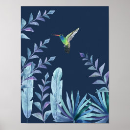 Hummingvogel mit tropischem Blattwerk in dunkelbla Poster