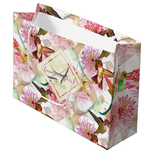Hummingvögel und Astrantia Monogramm Aquarell Große Geschenktüte (Vorderseite Schrägansicht)