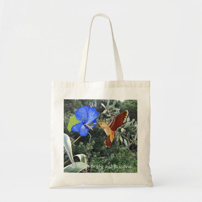 Hummingvogel und blauer Hibiskus mit tropischen Pf Tragetasche (Vorne)