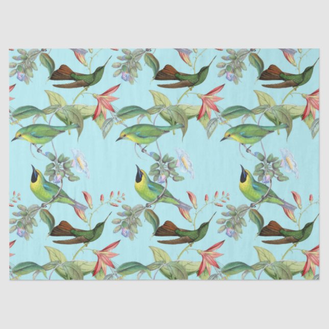 Hummingvögel und Blume auf der hellgrünen Decoupag Seidenpapier (Vorderseite)