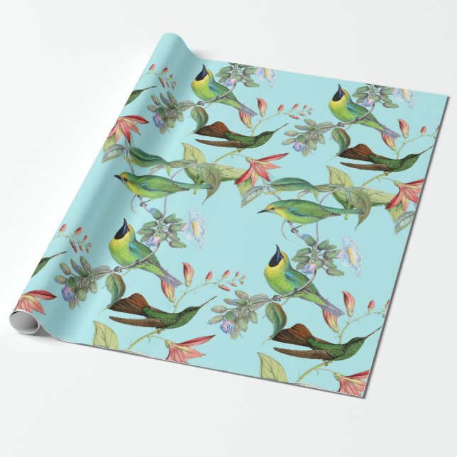 Hummingvögel und Blume auf hellgrün Geschenkpapier (Ungerollt)