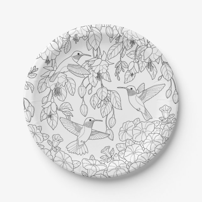 Hummingvögel und Blume Farbseiten für Erwachsene Pappteller (Vorderseite)