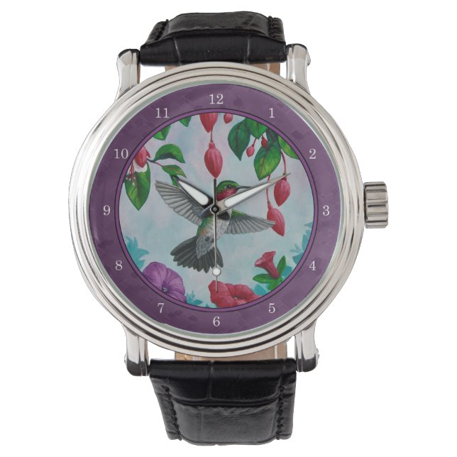 Hummingvögel und Blume Lila Armbanduhr (Vorderseite)
