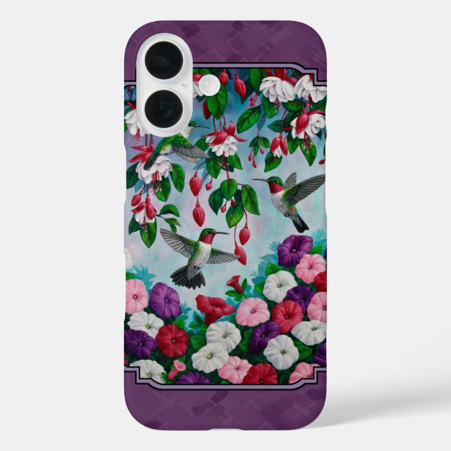 Hummingvögel und Blume Lila iPhone 16 Hülle (Rückseite)
