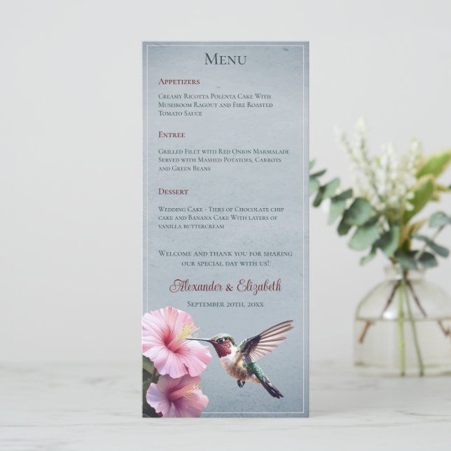 Hummingvogel und Hibiskus | Blue Wedding Menükarte (Stehend Vorderseite)