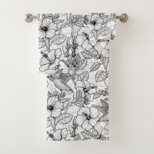 Hummingvögel und Hibiskus Blume b&w Badhandtuch Set (Insitu)