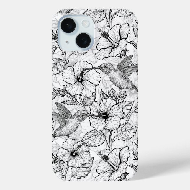 Hummingvögel und Hibiskus Blume b&w Case-Mate iPhone Hülle (Rückseite)