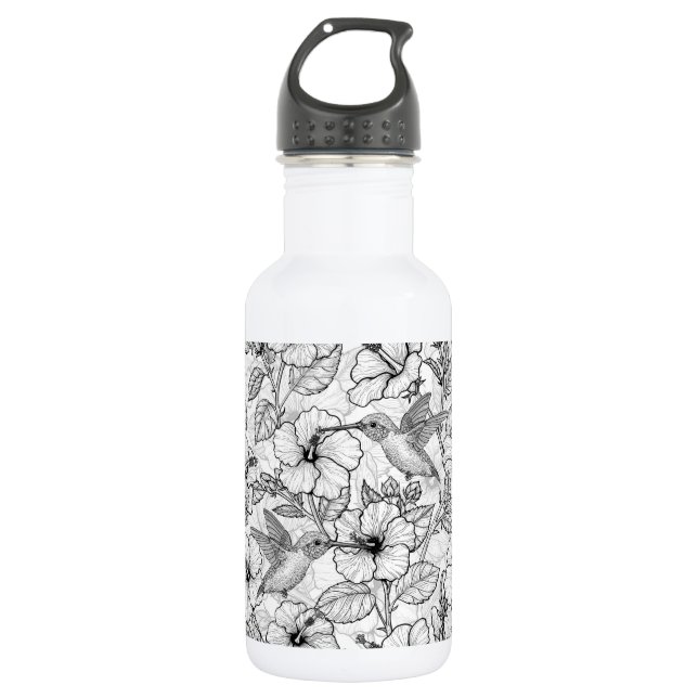 Hummingvögel und Hibiskus Blume b&w Edelstahlflasche (Vorderseite)