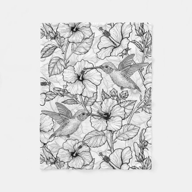 Hummingvögel und Hibiskus Blume b&w Fleecedecke (Vorderseite)